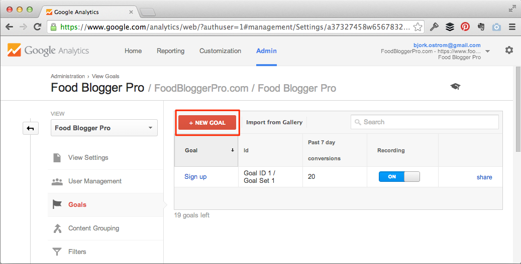 Screenshot of Google Analytics with 'New Goal' highlighted