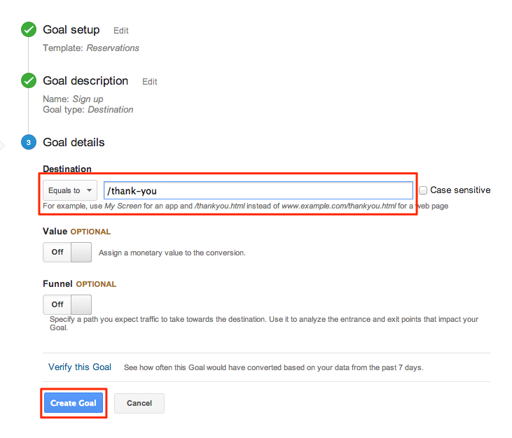 Google Analytics goal details area with 'Create Goal' highlighted