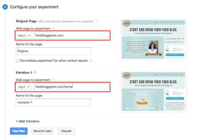 Google Experiments - Configure your experiment
