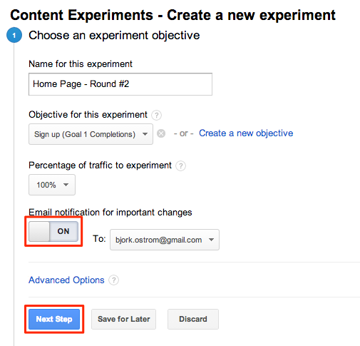 Google Experiments - Email notification for important changes