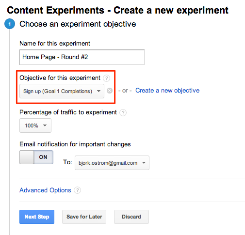 Google Analyitcs Content Experiments - Create a new experiment page with 'Objective for this experiment' highlighted