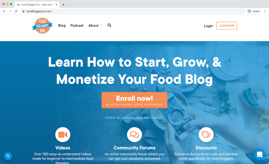 the Food Blogger Pro homepage with the heading, 'Learn how to start, grow, and monetize your food blog'