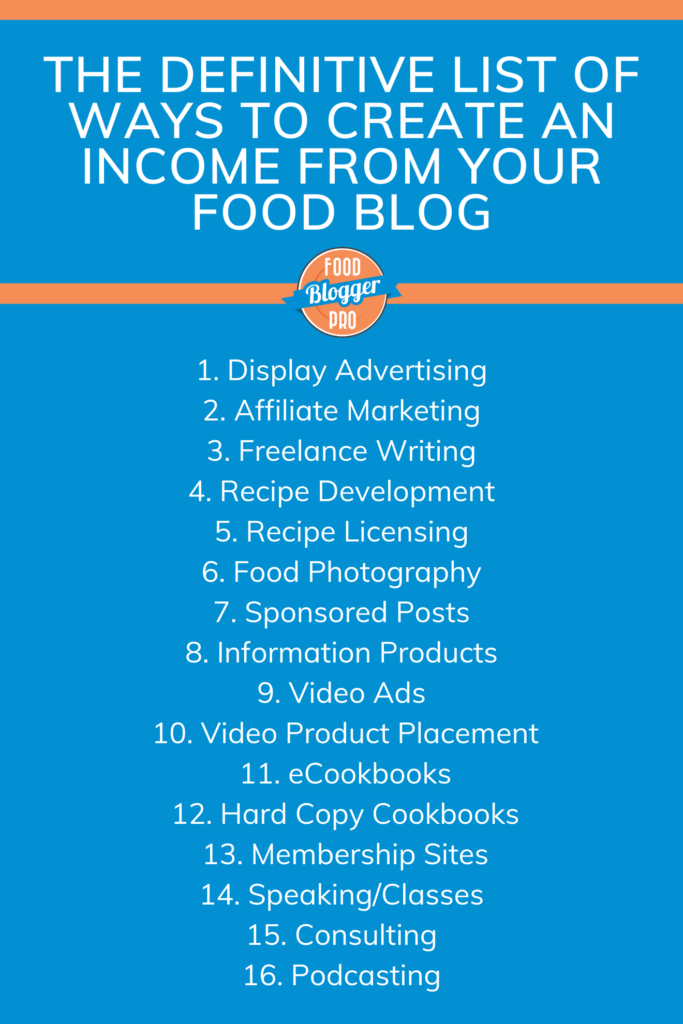 a list of the 16 ways you can make money as a food blogger on a blue background with the Food Blogger Pro logo