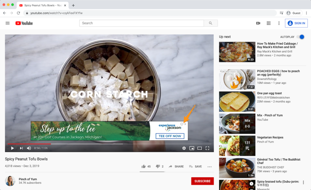 a hover ad on a Pinch of Yum recipe YouTube video