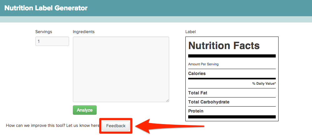Screenshot of Nutrition Label Generator that has Feedback circled in red with an arrow pointing to it
