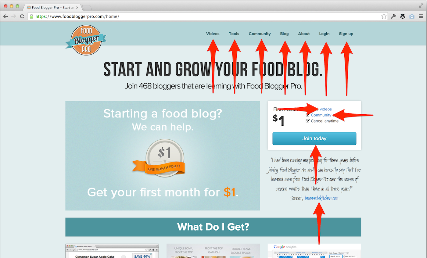 Screenshot of the Food Blogger Pro homepage with arrows pointing up to various menu bar links