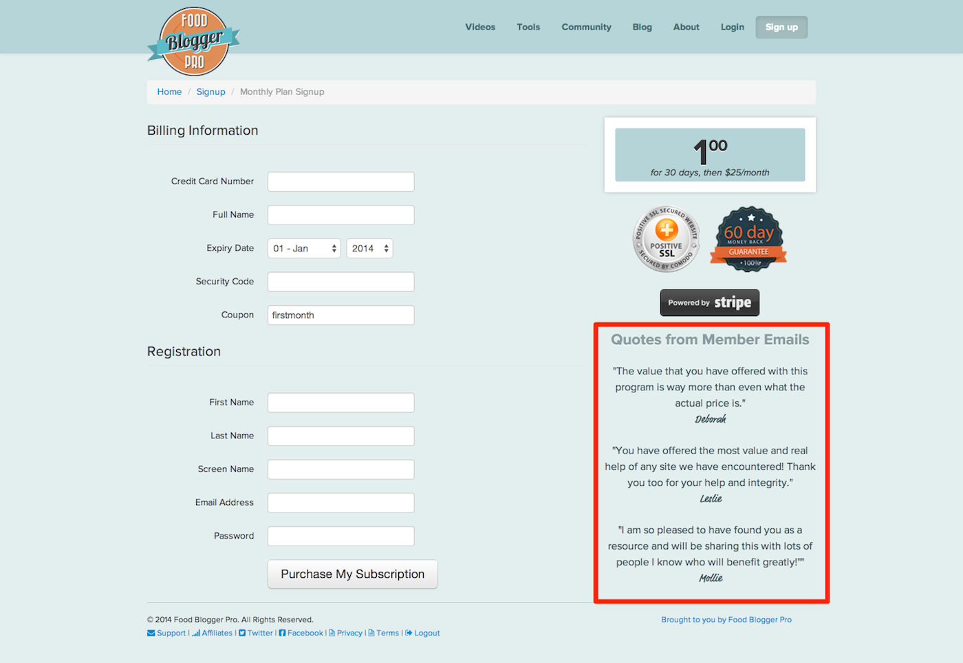 Testimonials on the billing info page of foodbloggerpro.com