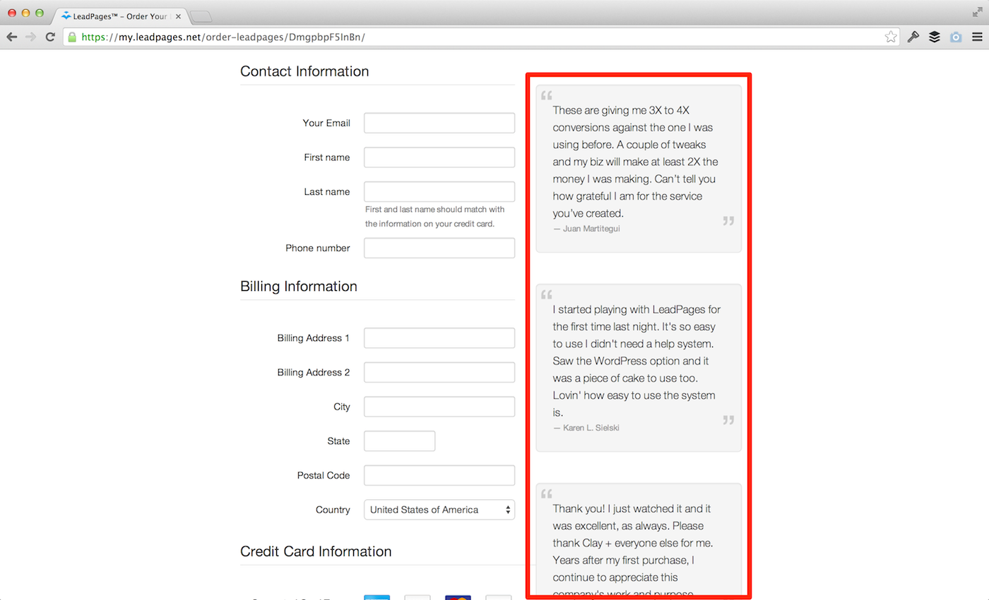 Testimonials next to billing info on LeadPages.com