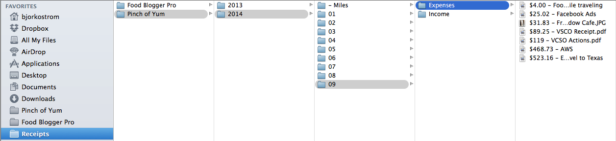 Screenshot of digital receipts folders