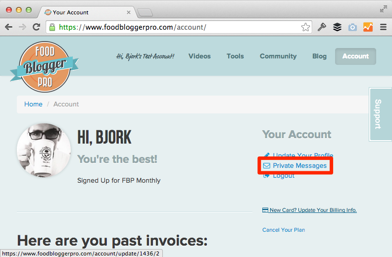 Food Blogger Pro account page with 'Private Messages' highlighted in red