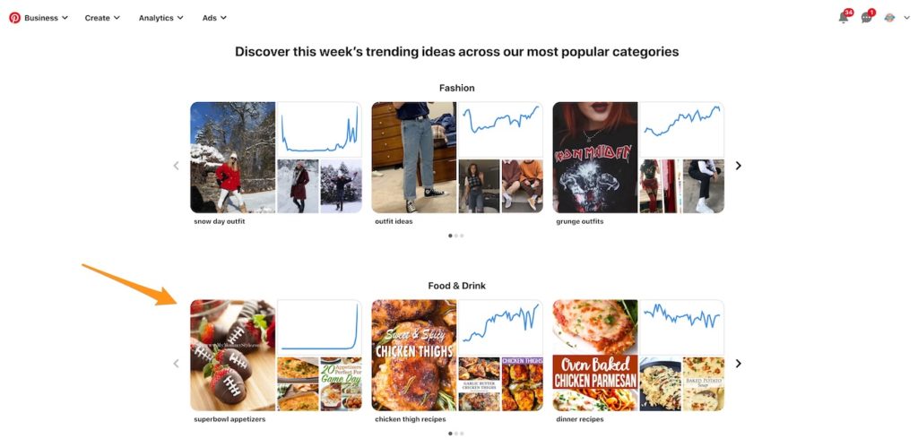 Pinterest Trends homepage with an arrow pointing to the Food and Drink category