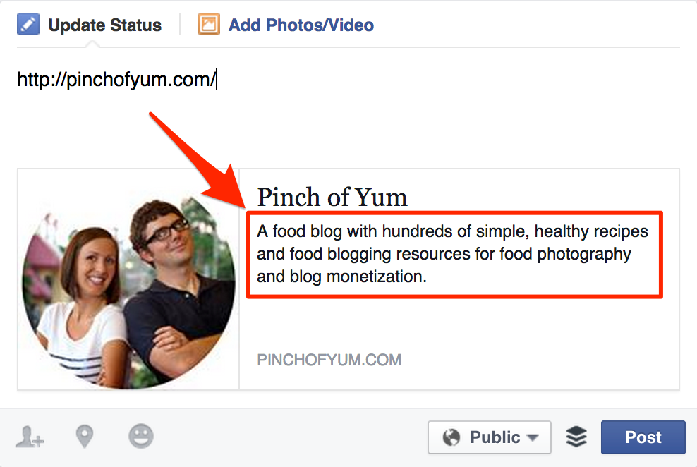 The meta description for the Pinch of Yum home page on Facebook