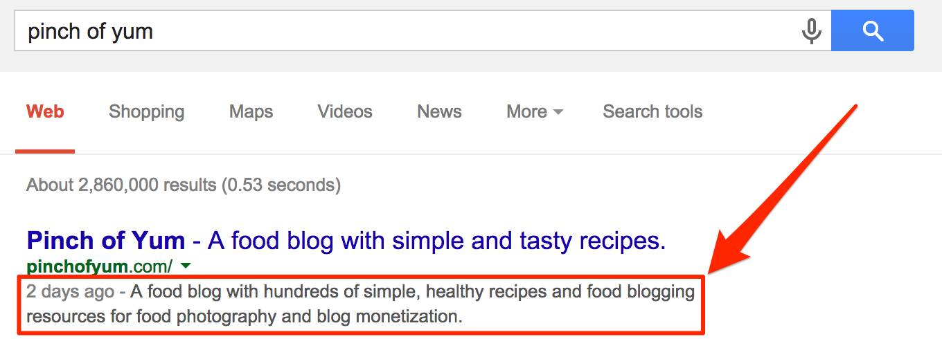 Pinch of Yum Google search result with meta description outlined in red