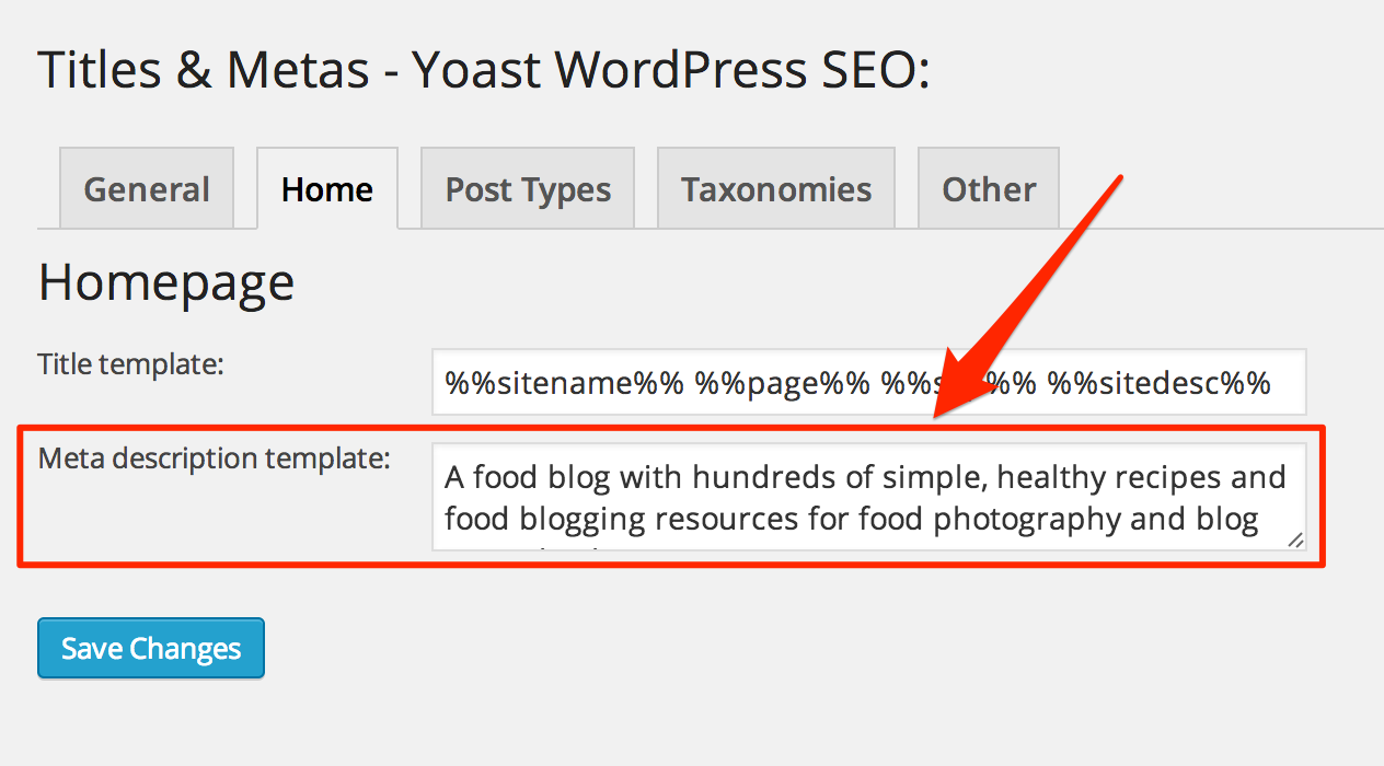 Yoast SEO meta description template for homepage option outlined in red