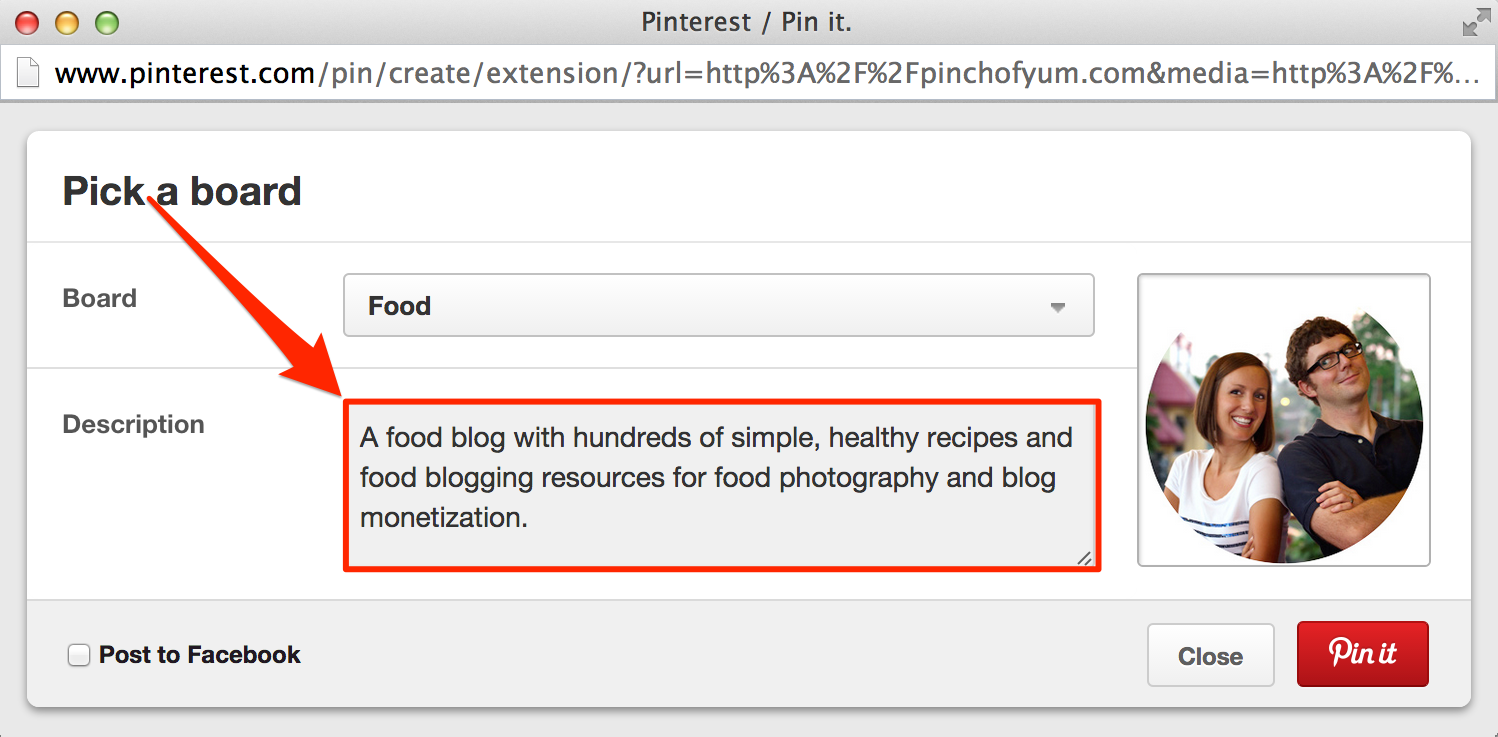 The meta description for the Pinch of Yum home page on Pinterest