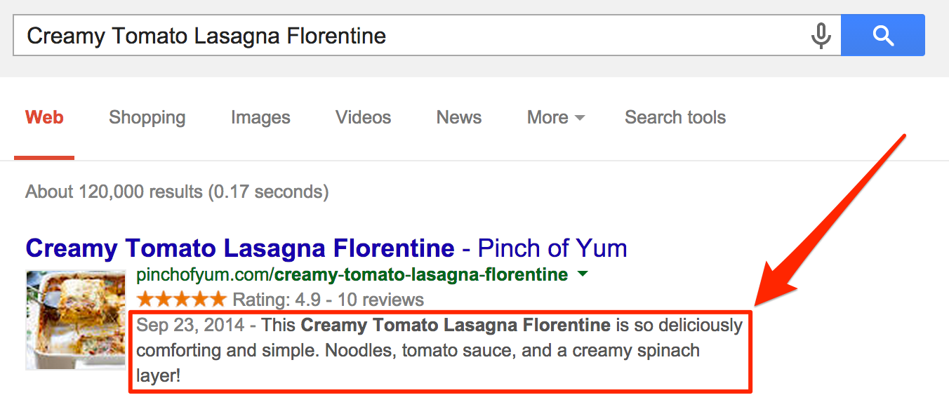 Pinch of Yum Creamy Tomato Lasagna Florentine Google search result with meta description outlined in red