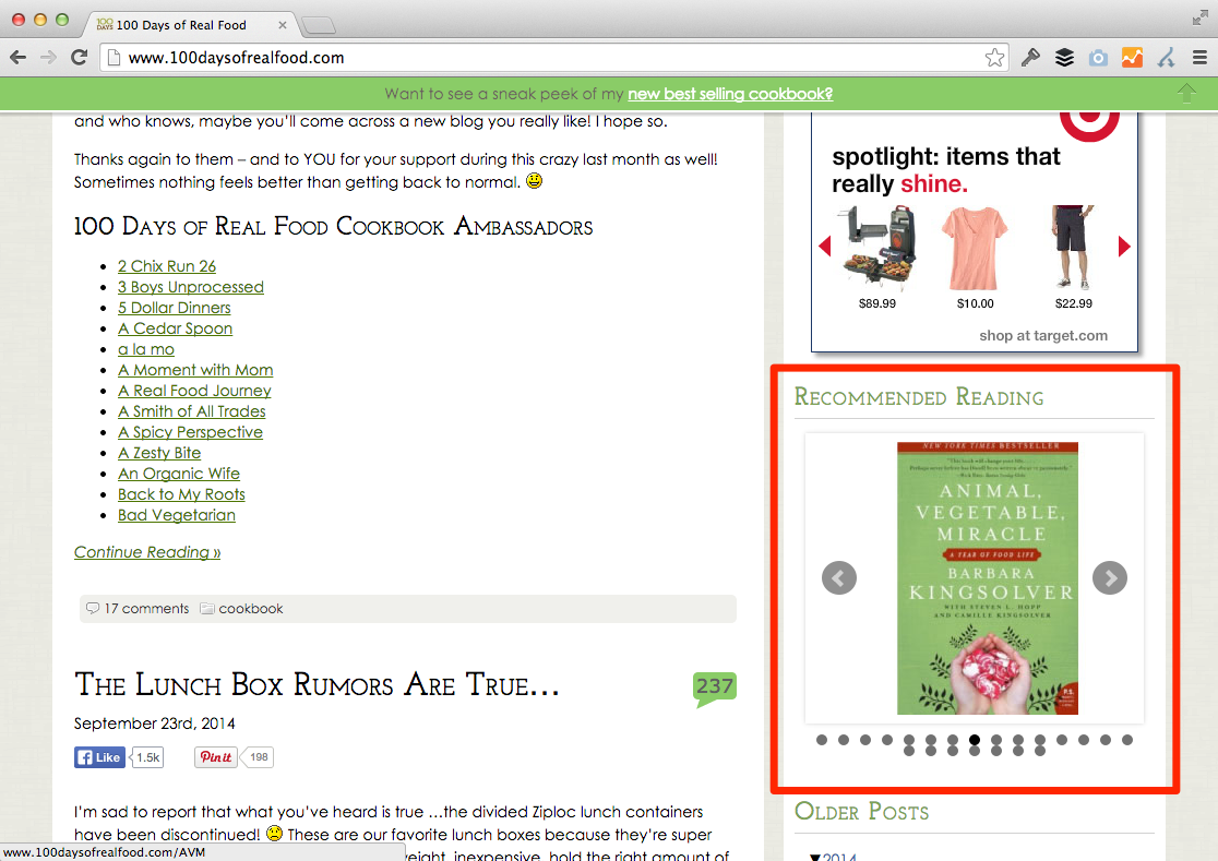 100 Days of Real Food 'Recommended Reading' widget highlighted in red