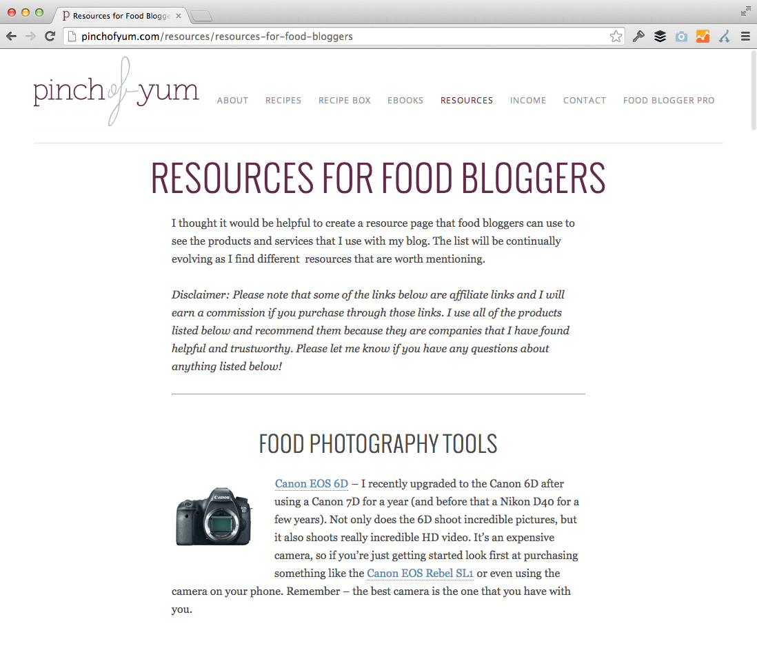 Pinch of Yum Resources for Food Bloggers page