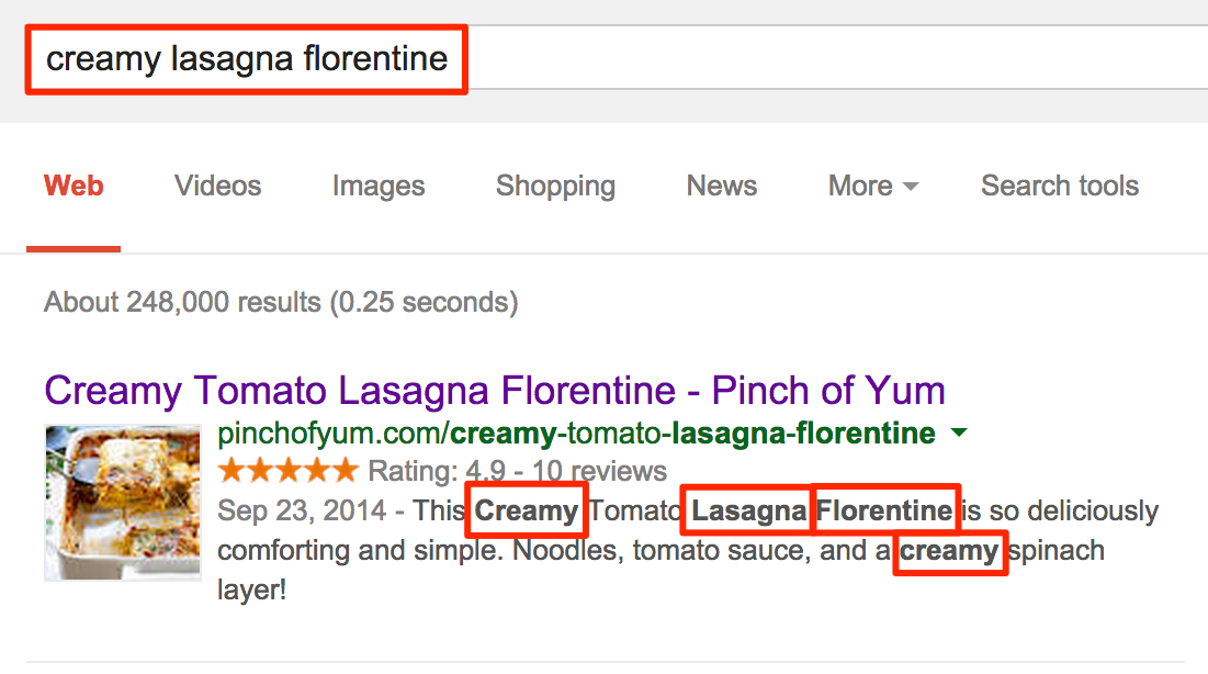 Creamy Lasagna Florentine meta description on Google with keywords outlined in red