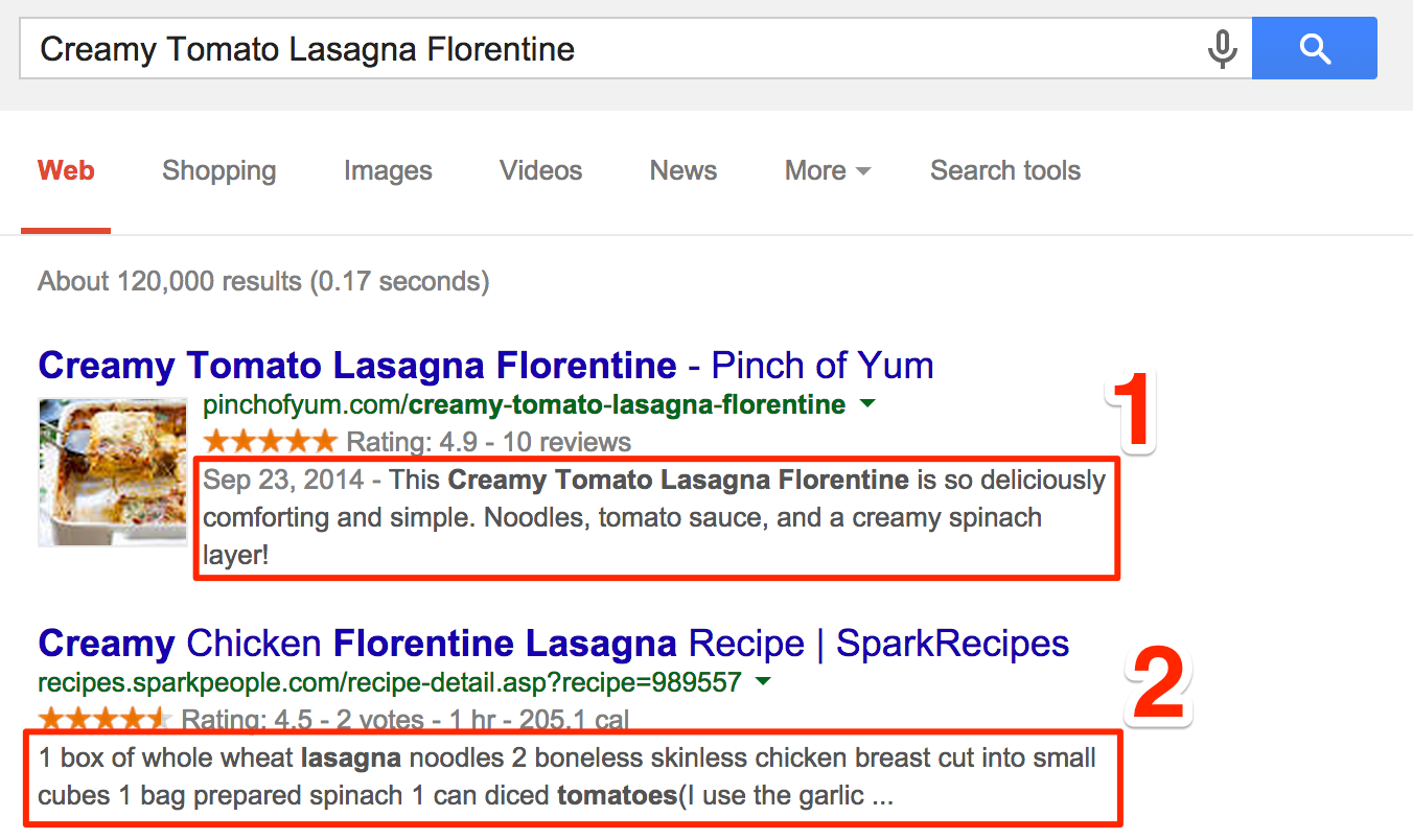 1st and 2nd Google search results for Creamy Tomato Lasagna Florentine with meta descriptions outlined in red
