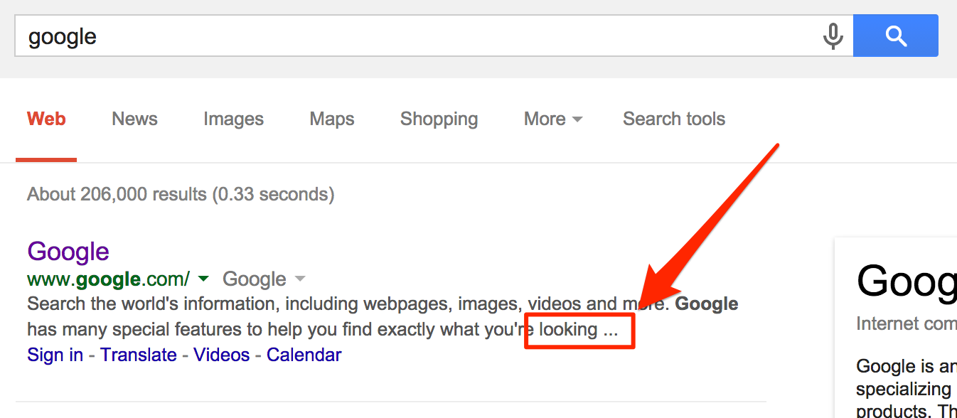 Screenshot of Google's meta description showing that it's too long