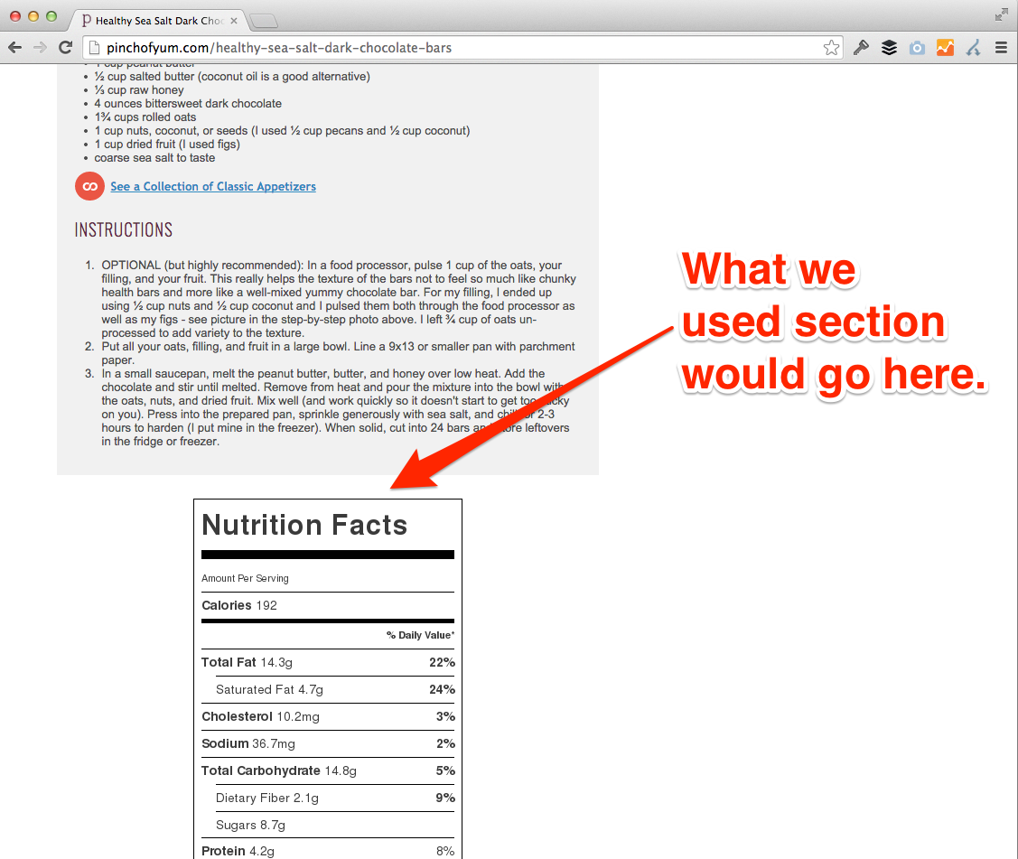 Screenshot of recipe with text reading 'What we used section would go here.'