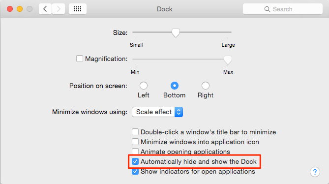 Screenshot of Dock that has 'Automatically hide and show the Dock' outlined in red