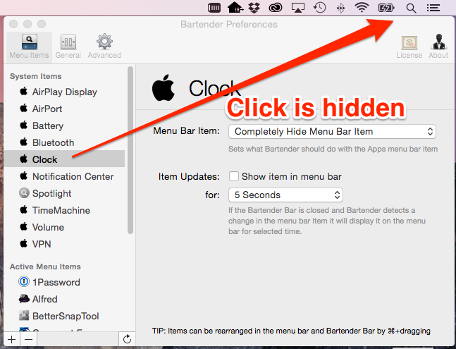 Screenshot of Bartender that reads 'Click is hidden'