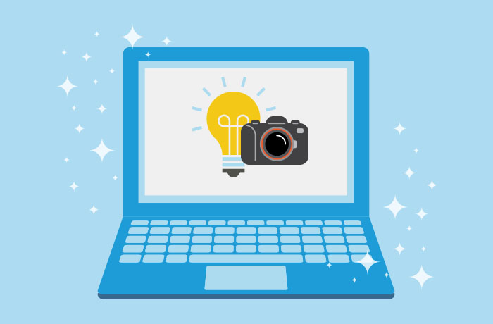 Graphic of blue laptop in front of a blue background with a black camera in front of a yellow light bulb on the screen