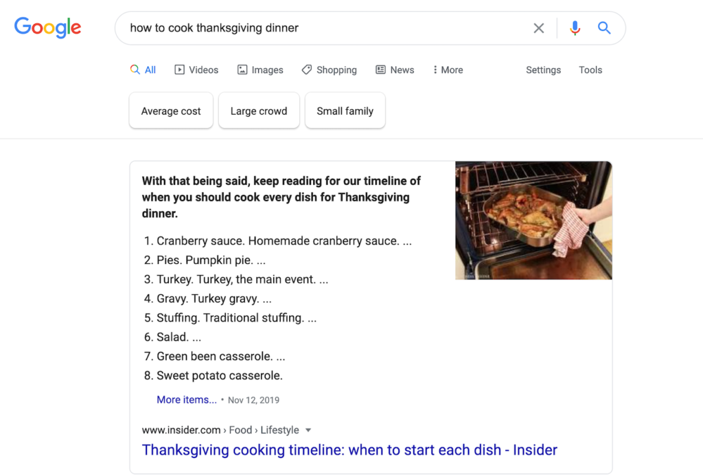 Example of a featured snippet in Google search results for 'How to cook Thanksgiving dinner'
