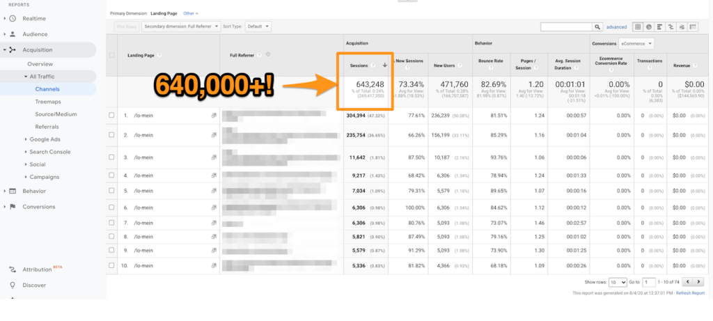 referrals to Pinch of Yum's Lo Mein recipe in Google Analytics