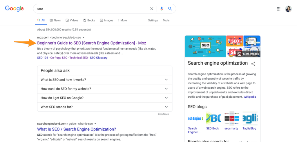 search result for SEO in Google