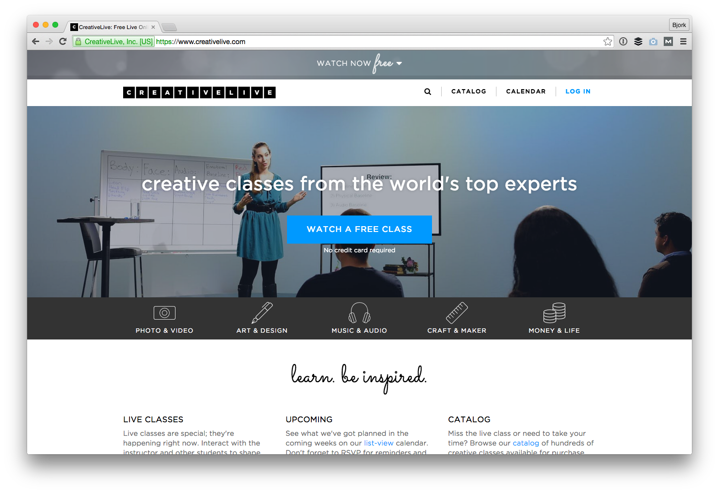 Screenshot of CreativeLive that reads 'Creative classes from the world's top experts'