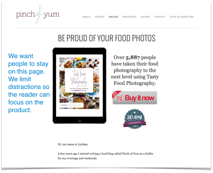 Pinch of Yum Tasty Food Photography ebook that reads 'We want people to stay on this page. We limit distractions so the reader can focus on the product.'