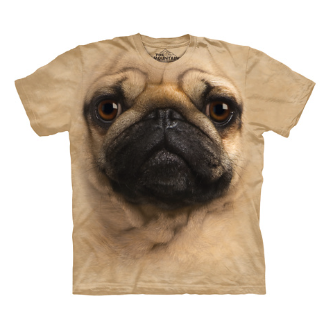 Beige t-shirt with a pug face on it