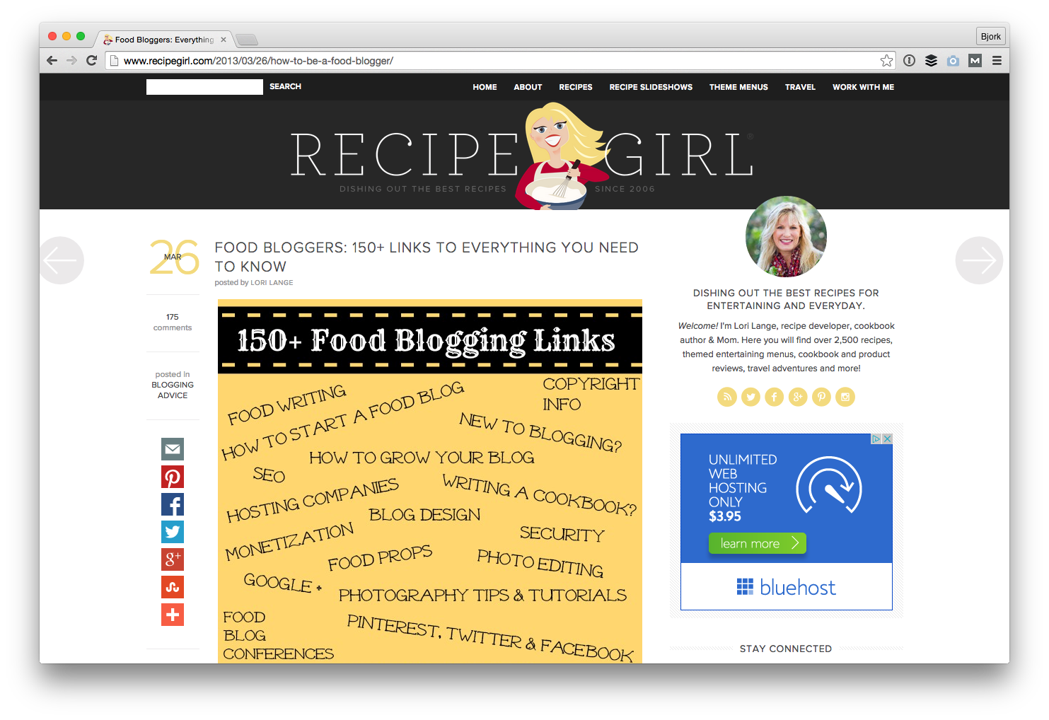 Screenshot of RecipeGirl that has a post called 'Food Bloggers: 150+ Links to Everything You Need to Know'