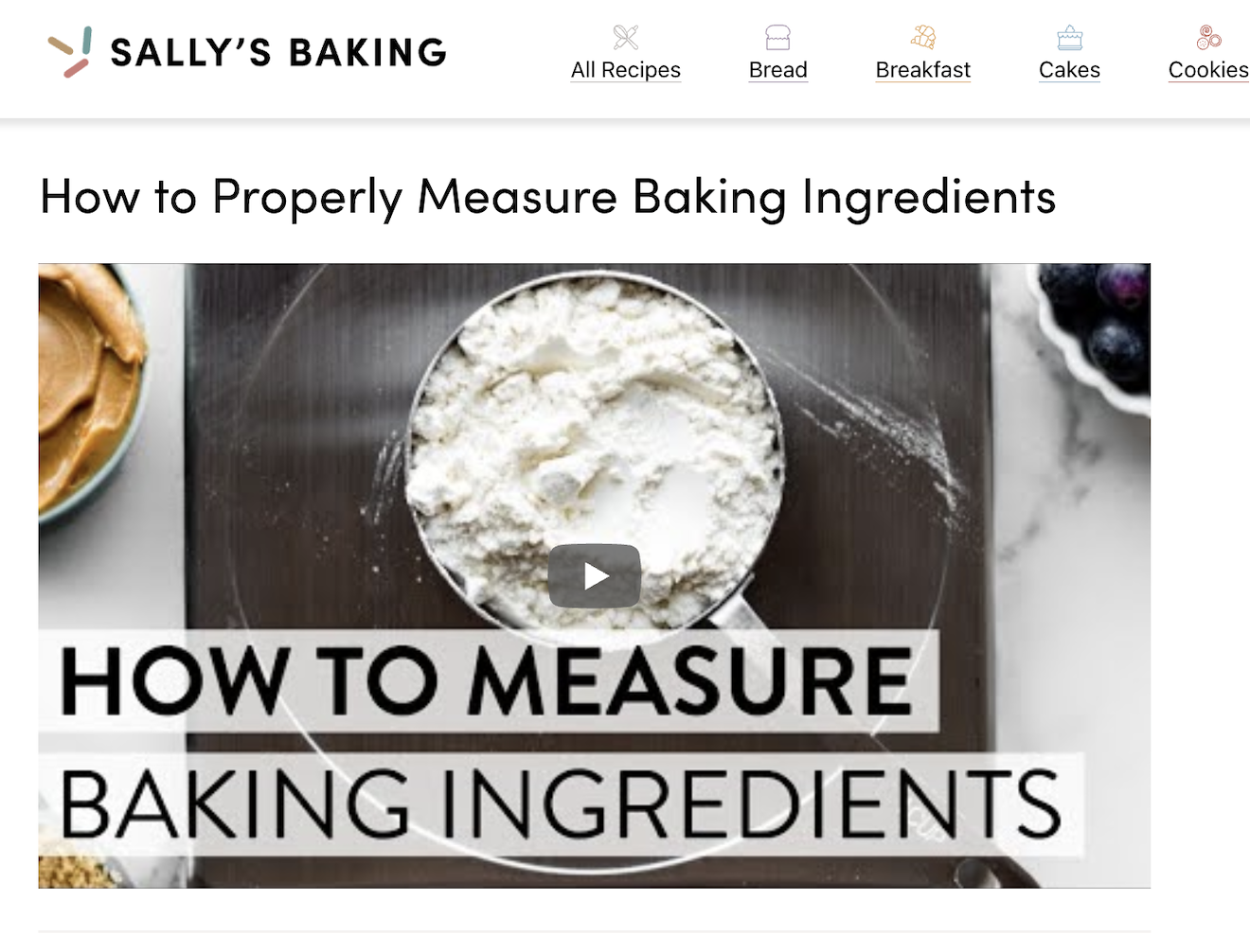 A screenshot of Sally's Baking 'How to Properly Measure Baking Ingredients' video.