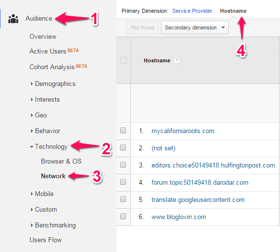 Google Analytics Hostname page with Audience, Technology, and Network identified with arrows
