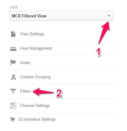 Google Analytics MCR Filtered View with 'Filters' identified by an arrow