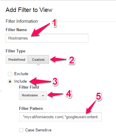 Google Analytics Add Filter to View with various items outlined with red arrows