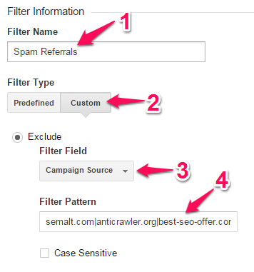Google Analytics Filter Information page with various items outlined with red arrows