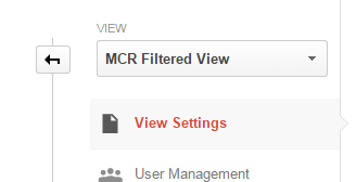 Google Analytics MCR Filtered View with 'View Settings' clicked