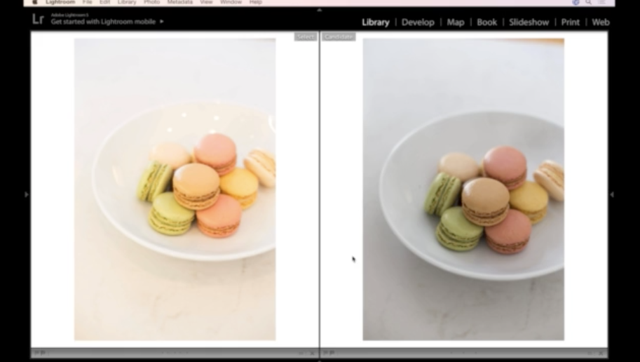 Two images of macarons side by side: one lighter and brighter and one darker