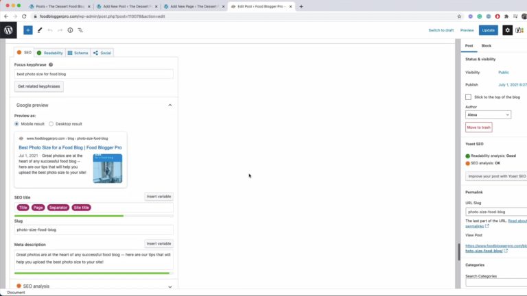 Screenshot of the Best Photo Size for a Food Blog post on Food Blogger Pro with the Yoast SEO settings shown