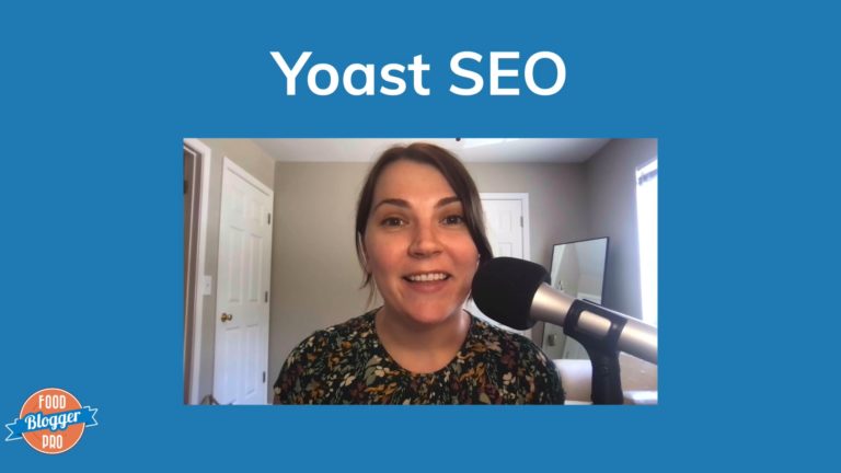 Leslie Jeon talking in front of a blue background that reads 'Yoast SEO' with the Food Blogger Pro logo in the bottom lefthand corner