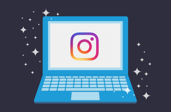 Graphic of blue laptop in front of a navy background with the Instagram logo on the screen