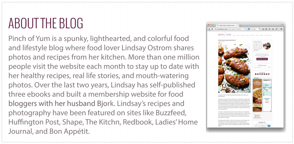 Screenshot of Pinch of Yum with description text that is titled 'About the Blog'