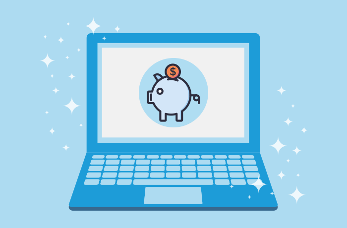 Graphic of blue laptop in front of a light blue background with a piggy bank graphic on the screen