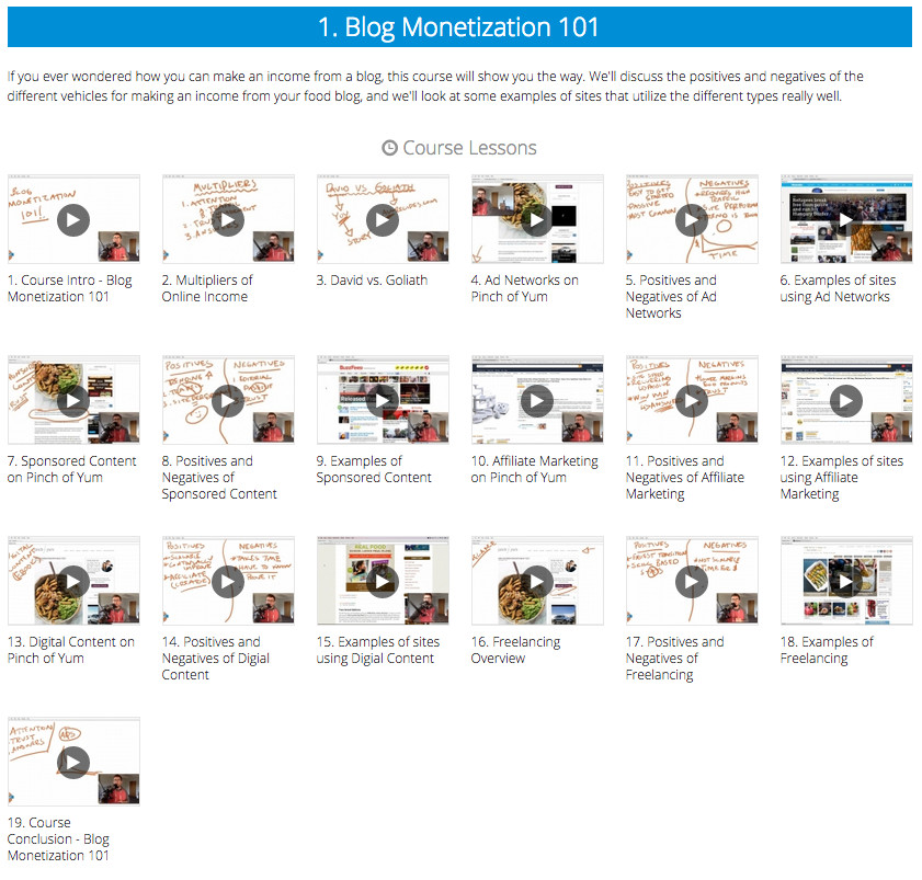 Screenshot of the Blog Monetization 101 course on Food Blogger Pro with various video clips shown