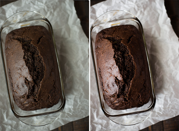 Two shots of a chocolate loaf: one darker and one with better lighting
